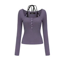 AGAM Lace Halter Half Cardigan Henry Collar Top Purple