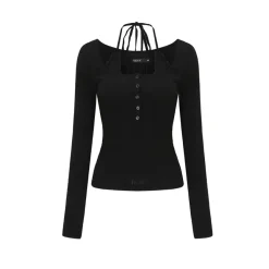 AGAM Lace Halter Half Cardigan Henry Collar Top Black
