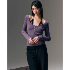AGAM Lace Halter Half Cardigan Henry Collar Top Purple