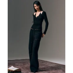 AGAM Lace Halter Half Cardigan Henry Collar Top Black