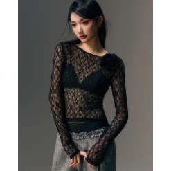 AGAM Lace Mesh L/S Top Black