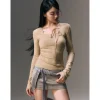 AGAM Lace-Up Slim Mesh Long Sleeve Top Yellow