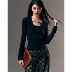 AGAM Lace-Up Slim Mesh Long Sleeve Top Black