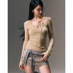 AGAM Lace-Up Slim Mesh Long Sleeve Top Yellow