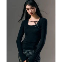 AGAM Lace-Up Slim Mesh Long Sleeve Top Black