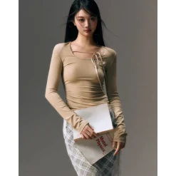 AGAM Lace-Up Slim Mesh Long Sleeve Top Yellow