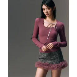AGAM Lace-Up Slim Mesh Long Sleeve Top Rose Pink