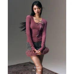 AGAM Lace-Up Slim Mesh Long Sleeve Top Rose Pink
