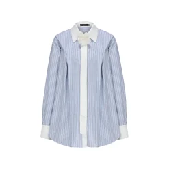 AGAM Striped Patchwork Loose Satin Shirt Blue
