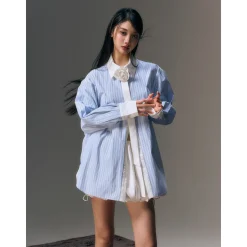 AGAM Striped Patchwork Loose Satin Shirt Blue
