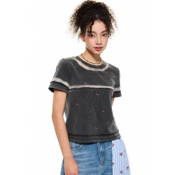 Alexia Sandra Contrast Trim Washed Cherry T-Shirt Black