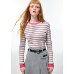 Alexia Sandra Striped Round Neck L/S Knit Top Grey/Pink