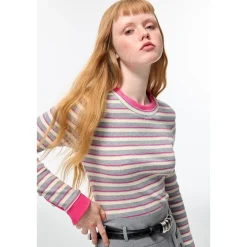 Alexia Sandra Striped Round Neck L/S Knit Top Grey/Pink