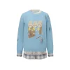 Alexia Sandra Three Rabbit Printed Fake-2-Piece Distressed Sweater Blue