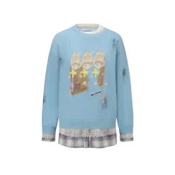 Alexia Sandra Three Rabbit Printed Fake-2-Piece Distressed Sweater Blue