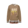 Alexia Sandra Three Rabbit Printed Fake-2-Piece Distressed Sweater Brown