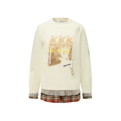 Alexia Sandra Three Rabbit Printed Fake-2-Piece Distressed Sweater White