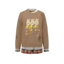Alexia Sandra Three Rabbit Printed Fake-2-Piece Distressed Sweater Brown