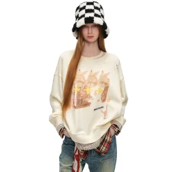 Alexia Sandra Three Rabbit Printed Fake-2-Piece Distressed Sweater White