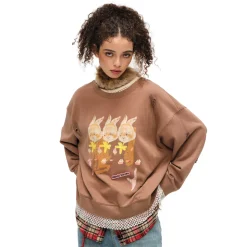 Alexia Sandra Three Rabbit Printed Fake-2-Piece Distressed Sweater Brown
