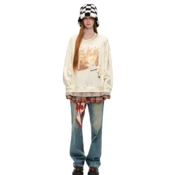 Alexia Sandra Three Rabbit Printed Fake-2-Piece Distressed Sweater White