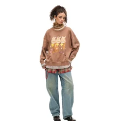 Alexia Sandra Three Rabbit Printed Fake-2-Piece Distressed Sweater Brown