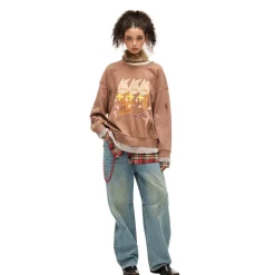 Alexia Sandra Three Rabbit Printed Fake-2-Piece Distressed Sweater Brown