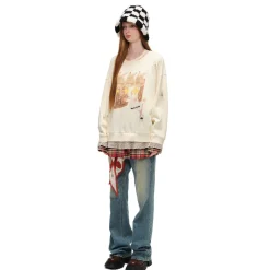 Alexia Sandra Three Rabbit Printed Fake-2-Piece Distressed Sweater White