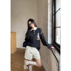 Alexia Sandra Trojan Rabbit Embroidery L/S Polo Top Black