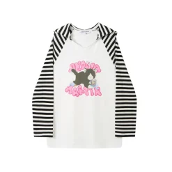 Andrea Martin Cat Printed Hooded Striped L/S Tee