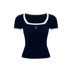 Ann Andelman Color Blocked Square Neck Knit Top Navy Blue