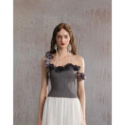 Arte Pura One Shoulder Knitted Floral Top Grey