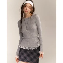 AsGony Blended Woolen Lace Edge Slim Knit Top Gray