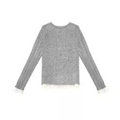 AsGony Blended Woolen Lace Edge Slim Knit Top Gray