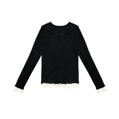 AsGony Blended Woolen Lace Edge Slim Knit Top Black