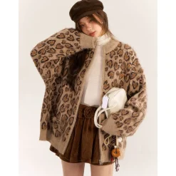 AsGony Blended Woolen Retro Leopard Knit Cardigan Brown