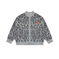 AsGony Blended Woolen Retro Leopard Knit Cardigan Gray