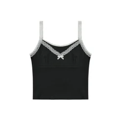 AsGony Bow Knot Lace Edge Patchwork Slip Vest Dark Grey