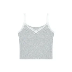 AsGony Bow Knot Lace Edge Patchwork Slip Vest Gray