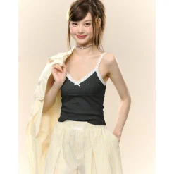 AsGony Bow Knot Lace Edge Patchwork Slip Vest Dark Grey