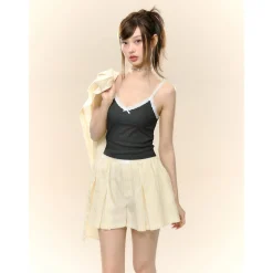AsGony Bow Knot Lace Edge Patchwork Slip Vest Dark Grey