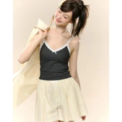 AsGony Bow Knot Lace Edge Patchwork Slip Vest Dark Grey
