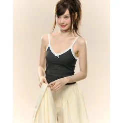AsGony Bow Knot Lace Edge Patchwork Slip Vest Dark Grey