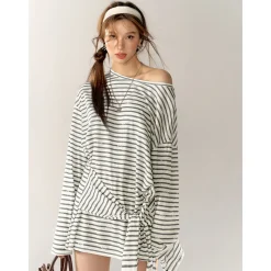 AsGony Bow Tie Strap Striped Casual L/S T-Shirt Gray