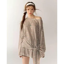 AsGony Bow Tie Strap Striped Casual L/S T-Shirt Brown