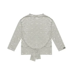 AsGony Bow Tie Strap Striped Casual L/S T-Shirt Gray