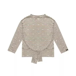 AsGony Bow Tie Strap Striped Casual L/S T-Shirt Brown