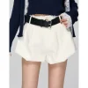 AsGony Casual Belt High Waist Bud Puffy Shorts White