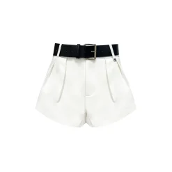 AsGony Casual Belt High Waist Bud Puffy Shorts White