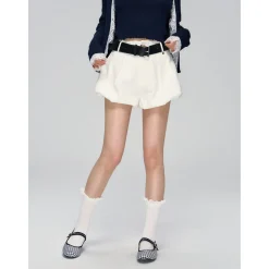 AsGony Casual Belt High Waist Bud Puffy Shorts White